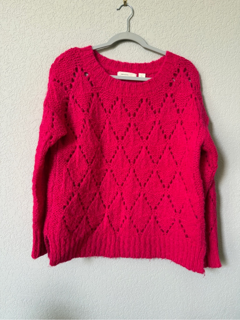 Anthropologie Open-Knit Crewneck Sweater in Hot Pink